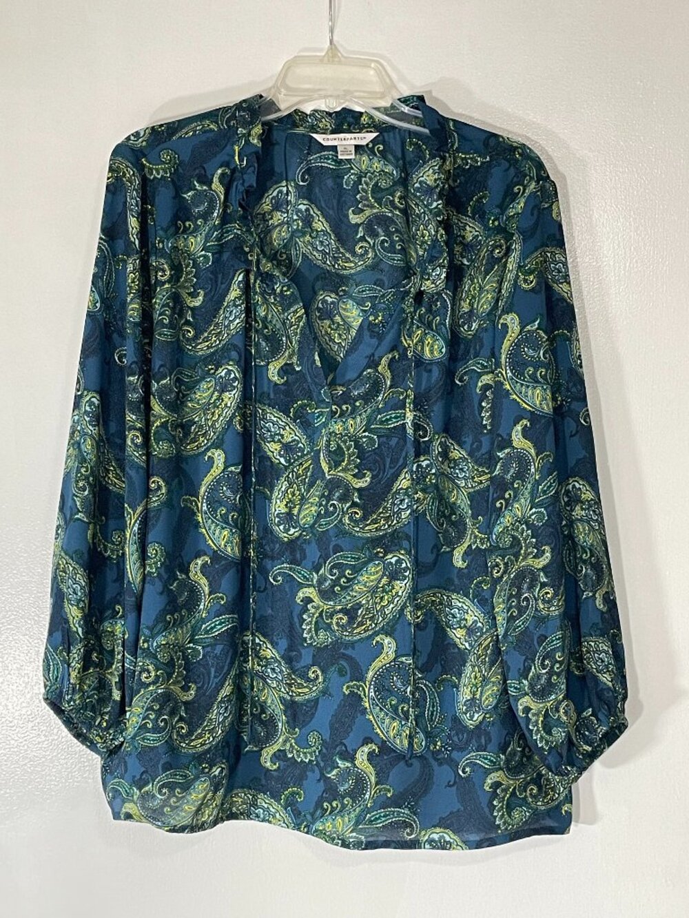 Counterparts Women’s Paisley Boho Top XL Navy Green V‑Neck Long Sleeve Poly